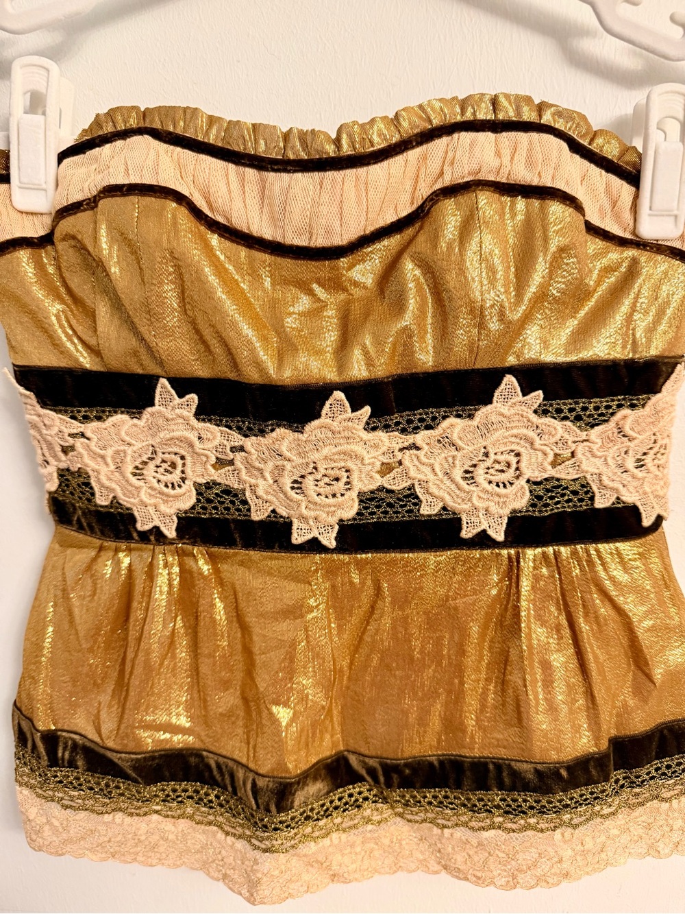 Nanette Lepore Blush Strapless Bustier with Gold Ruffle Trim Size 4 - Picture 3 of 7
